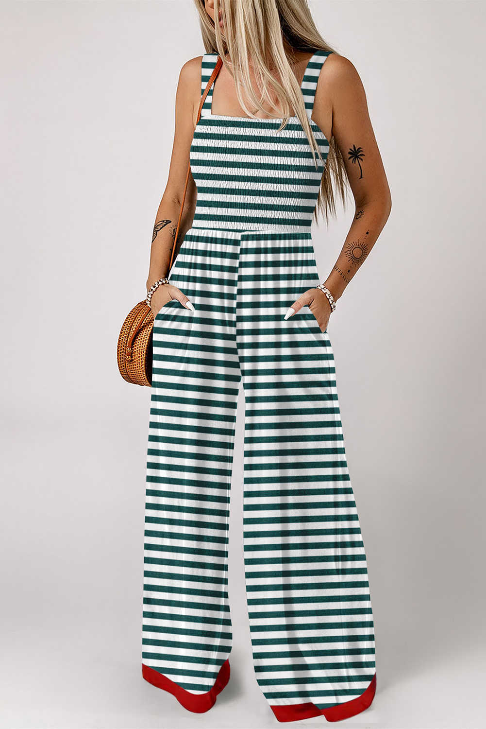 Green Stripe Square Neck Shirred Wide Leg Jumpsuit