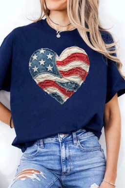 Blue Patriotic Denim Heart Graphic T-Shirt