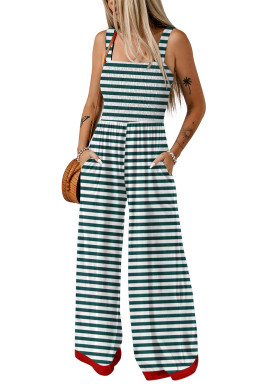 Green Stripe Square Neck Shirred Wide Leg Jumpsuit