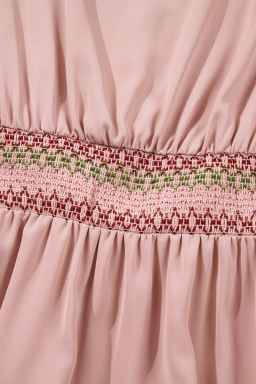 Light Pink Contrast Shirred Elastic Waist Short Sleeve Midi Dress