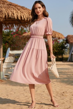 Light Pink Contrast Shirred Elastic Waist Short Sleeve Midi Dress