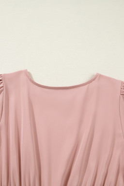 Light Pink Contrast Shirred Elastic Waist Short Sleeve Midi Dress