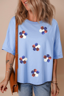 Myosotis Patriotic Sequin Flower Half Sleeve Loose Tee
