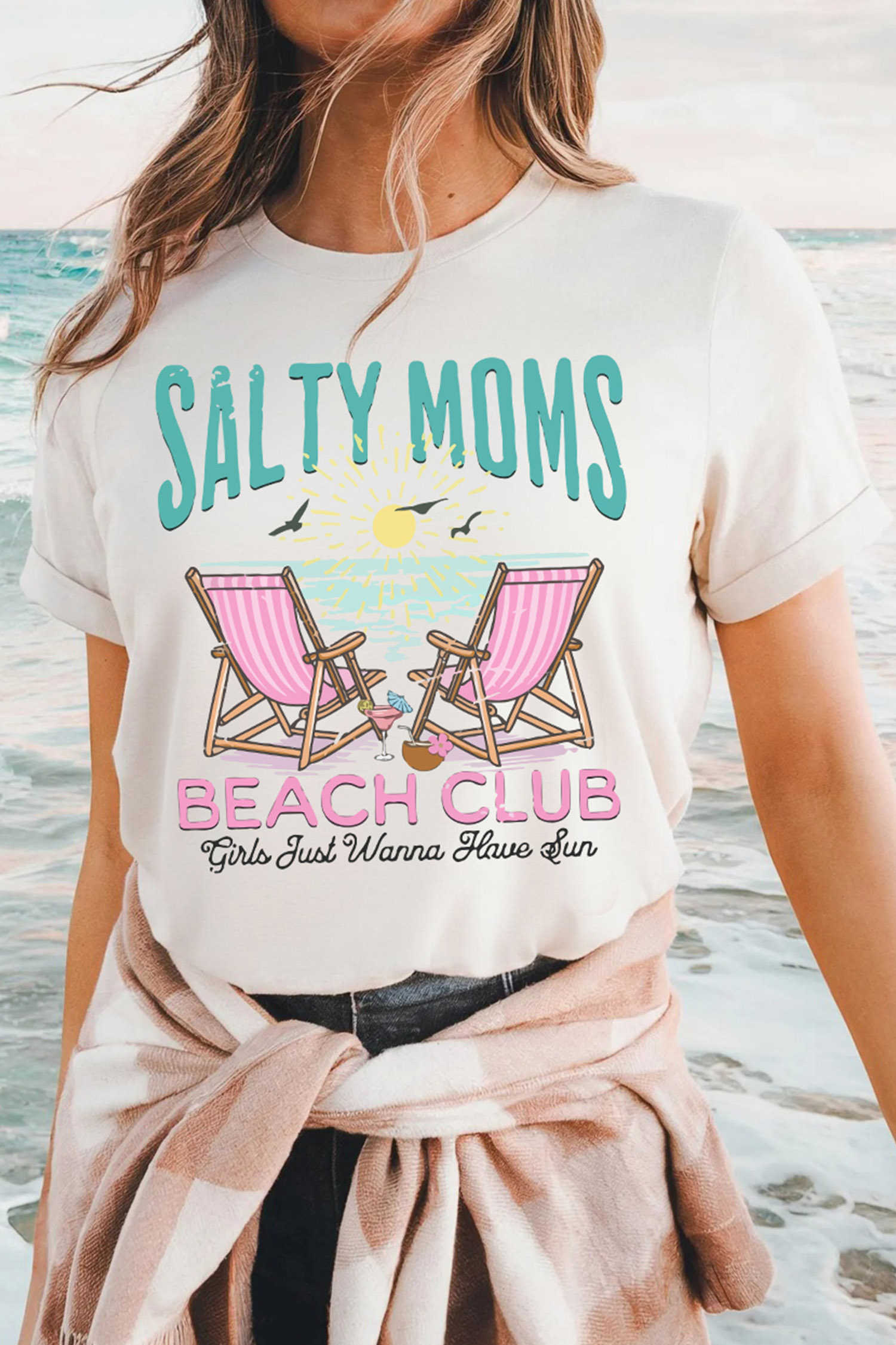 White Salty Moms Beach Club Short Sleeve Graphic Tee