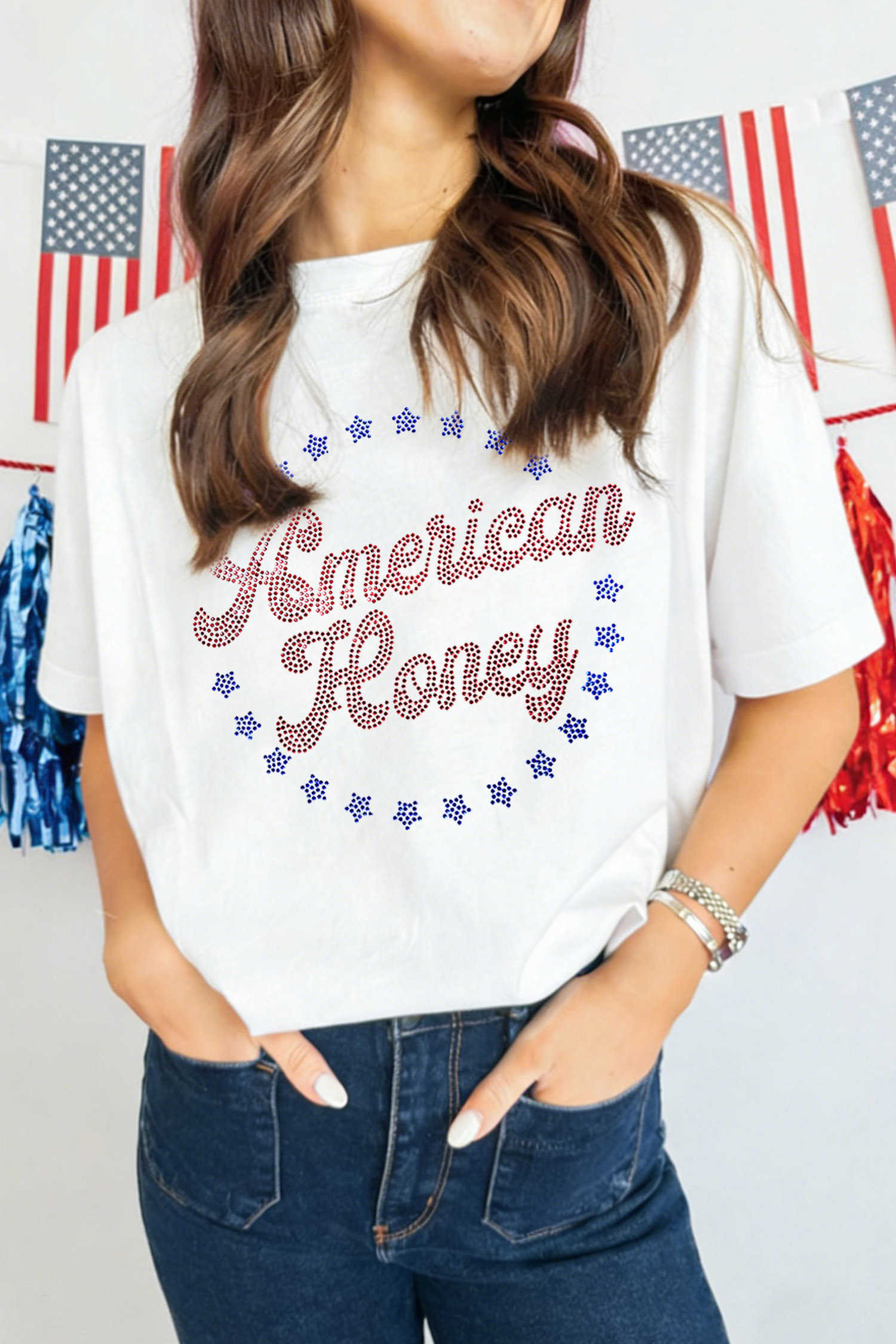 White Patriotic American Honey Rhinestone Graphic T-Shirt