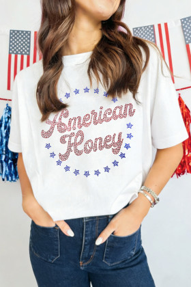 White Patriotic American Honey Rhinestone Graphic T-Shirt