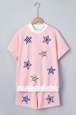 Pink Stripe Striped Star Mock Neck Patchwork Short Sleeve Two-Piece Pants Set