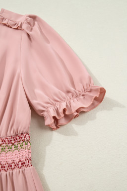 Light Pink Contrast Shirred Elastic Waist Short Sleeve Midi Dress