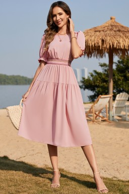 Light Pink Contrast Shirred Elastic Waist Short Sleeve Midi Dress
