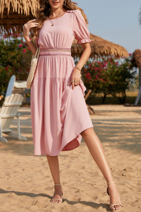 Light Pink Contrast Shirred Elastic Waist Short Sleeve Midi Dress