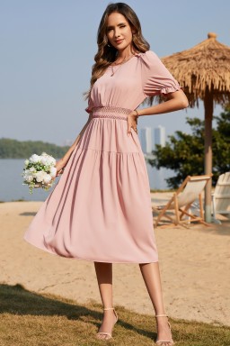 Light Pink Contrast Shirred Elastic Waist Short Sleeve Midi Dress