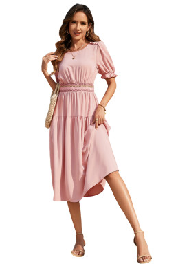 Light Pink Contrast Shirred Elastic Waist Short Sleeve Midi Dress