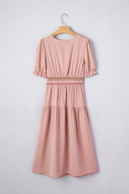 Light Pink Contrast Shirred Elastic Waist Short Sleeve Midi Dress
