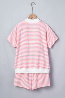 Pink Stripe Striped Star Mock Neck Patchwork Short Sleeve Two-Piece Pants Set