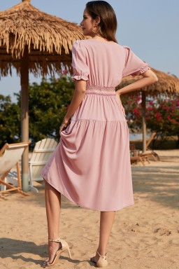 Light Pink Contrast Shirred Elastic Waist Short Sleeve Midi Dress