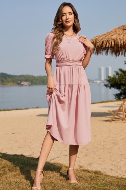 Light Pink Contrast Shirred Elastic Waist Short Sleeve Midi Dress