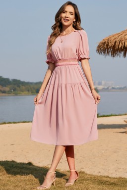 Light Pink Contrast Shirred Elastic Waist Short Sleeve Midi Dress