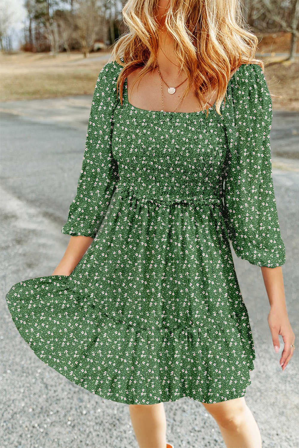 Green Floral 3/4 Sleeve Square Neck Smocked Mini Dress