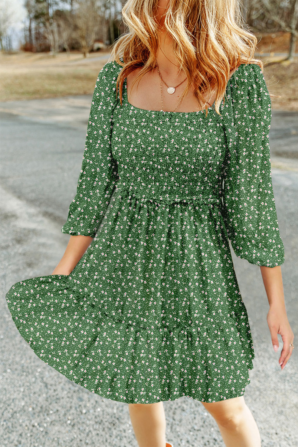 Green Floral 3/4 Sleeve Square Neck Smocked Mini Dress