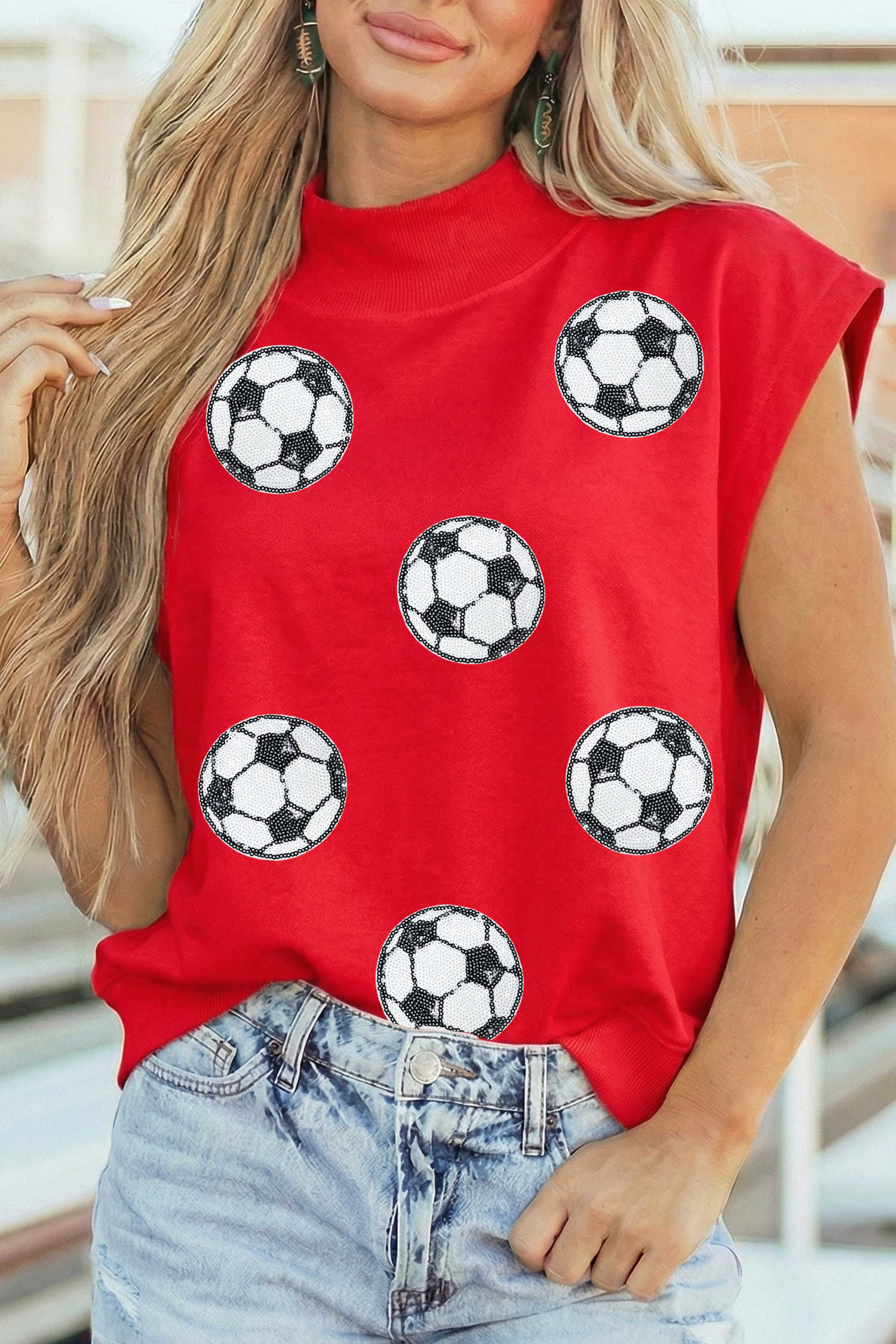 Racing Red Soccer Sequin High Neck Cap Sleeve Gameday T-Shirt
