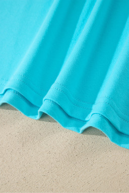 Turquoise Solid Color V Neck Short Puff Sleeve Blouse