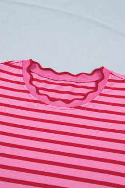 Rose Stripe Striped Short Sleeve Scalloped Trim Side Slit T-Shirt Dress