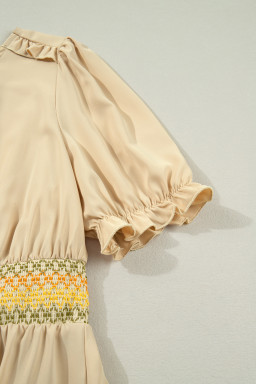 Apricot Contrast Shirred Elastic Waist Short Sleeve Midi Dress