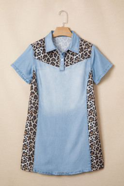 Myosotis Denim Color Block Leopard Patchwork Shirt Collar T Shirt Mini Dress