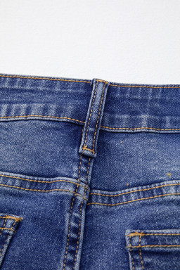 Dark Blue Whiskered Wash Raw Hem Cropped Jeans