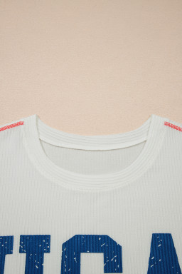 White Plus Size Twisted Rib Vintage USA Letter Printed T Shirt