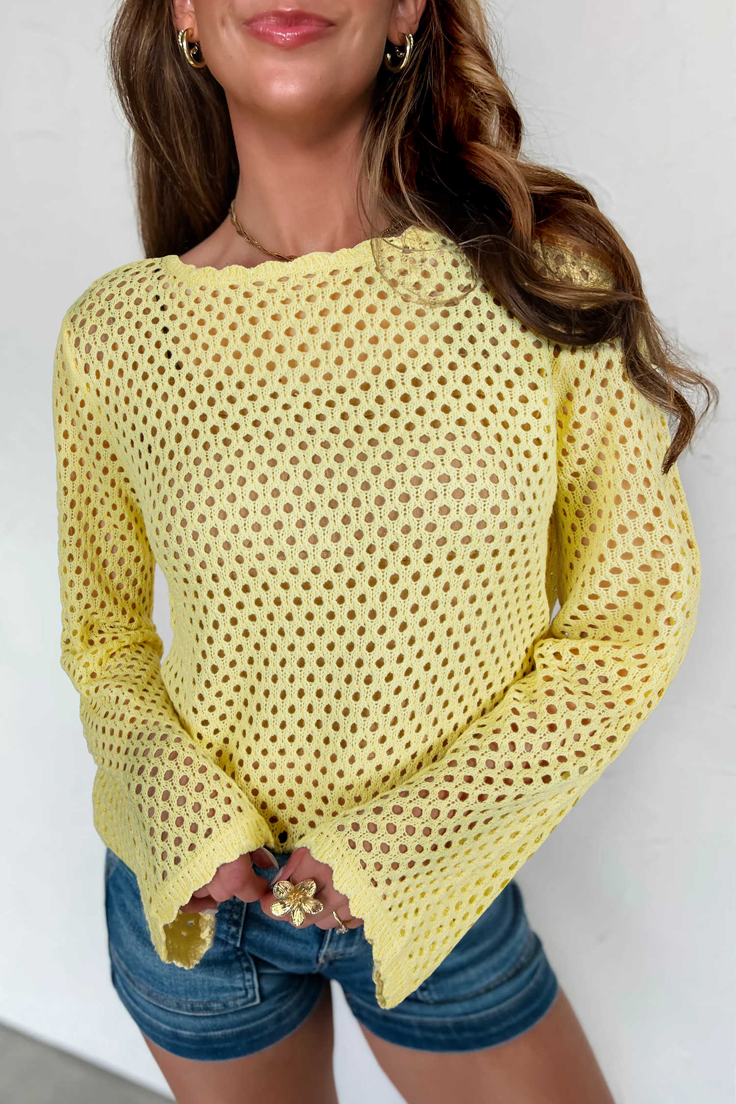 Yellow Cream Scalloped Trim Hollow Out Knit Long Sleeve Top