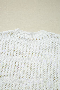 White 3/4 Sleeve Open Knit Mesh Detail Pullover Sweater
