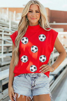 Racing Red Soccer Sequin High Neck Cap Sleeve Gameday T-Shirt