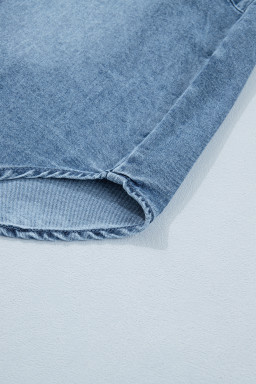 Beau Blue Frilled Short Sleeve Snap Button Denim Shirt
