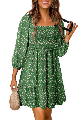 Green Floral 3/4 Sleeve Square Neck Smocked Mini Dress