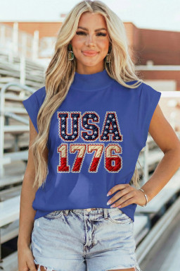Sky Blue Patriotic USA 1776 Graphic Muscle Tee with Vintage Flag Print