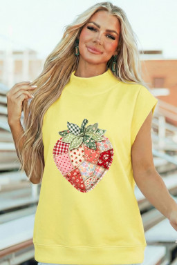 Yellow Faux Patchwork Strawberry Printed Mock Neck Tee