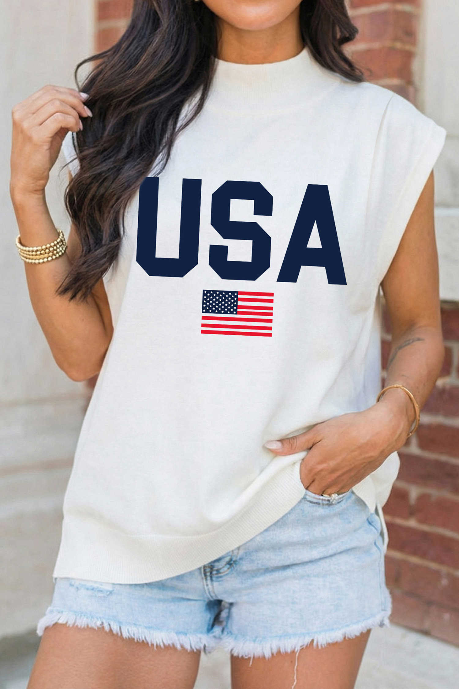 White USA Flag Printed Mock Neck Short Sleeve Top