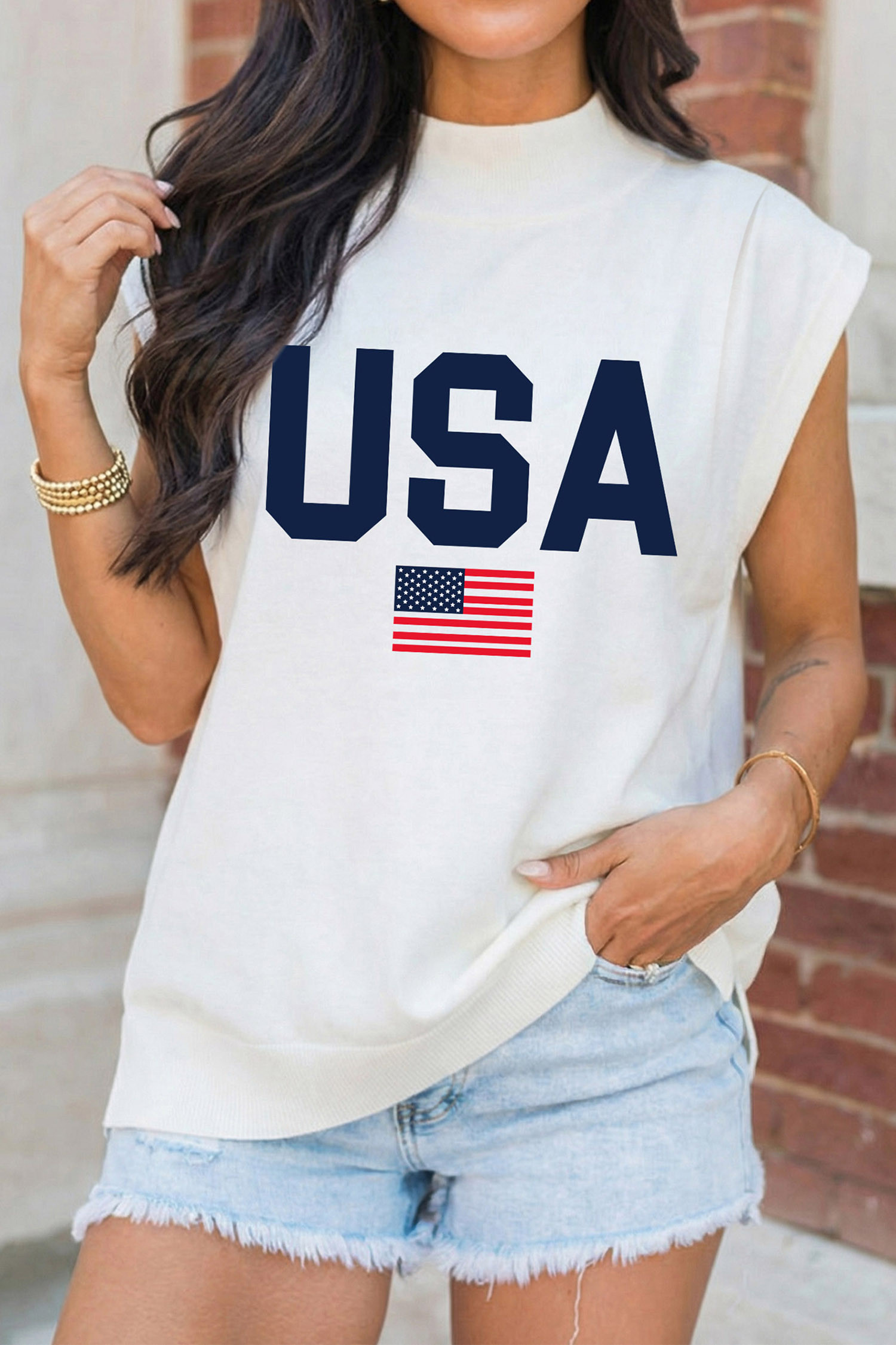 White USA Flag Printed Mock Neck Short Sleeve Top