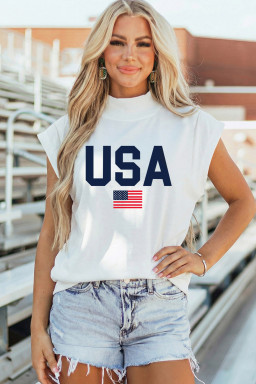 White USA Flag Printed Mock Neck Short Sleeve Top