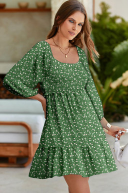 Green Floral 3/4 Sleeve Square Neck Smocked Mini Dress