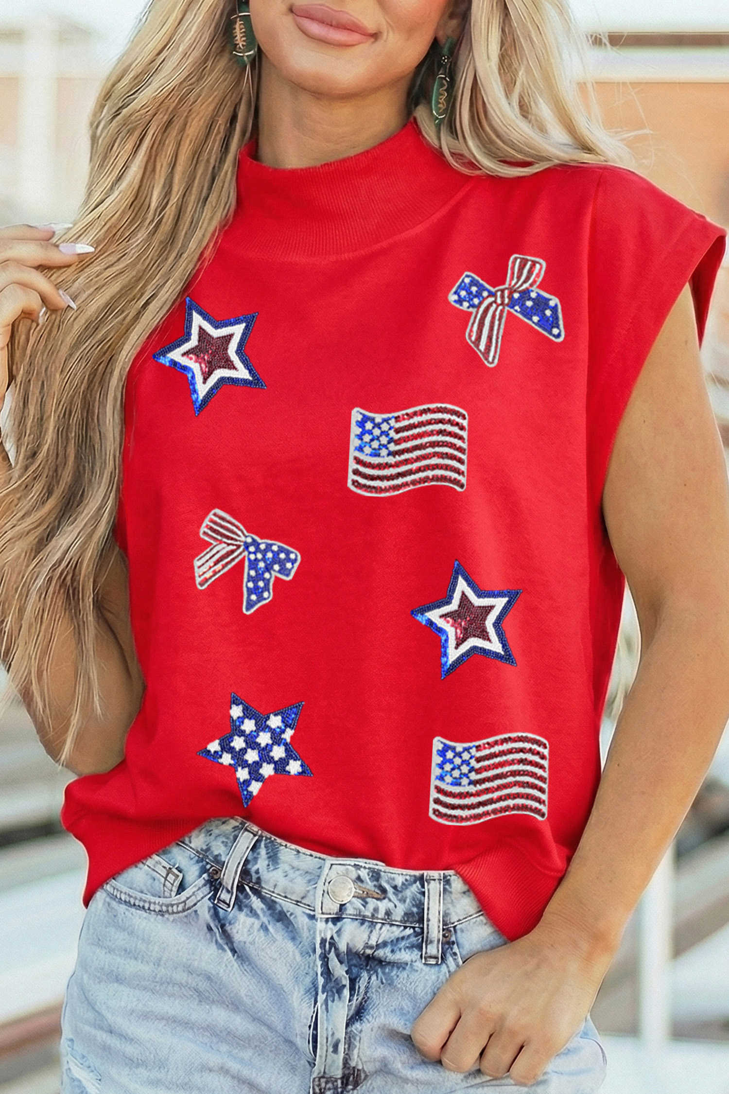 Racing Red Patriotic Sequin Graphic High Neck Short Sleeve Top