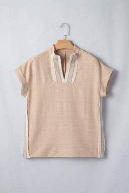 Parchment Crochet Lace Accent Pullover Rolled Short Sleeve Blouse