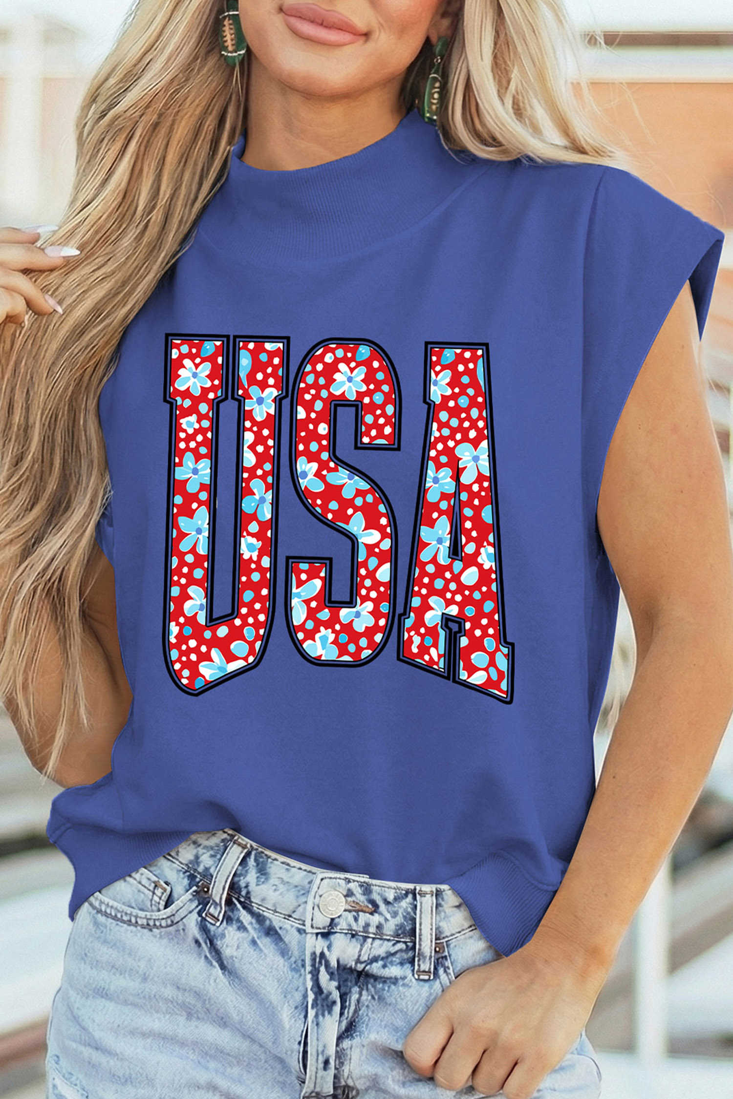 Sky Blue USA Floral Lettering Print High Neck Short Sleeve Top