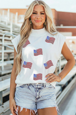 White Sequin American Flag Mock Neck Short Sleeve Top