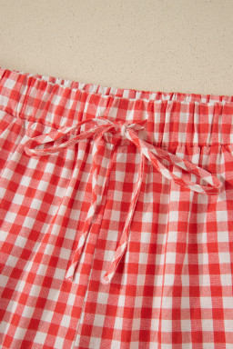 Red Gingham Plaid Tie Elastic Waist Lace Patchwork Hem Casual Shorts
