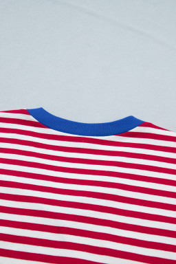 Red Stripe Colorblock Trim V Neck Tee Drawstring Elastic Waist Short Set