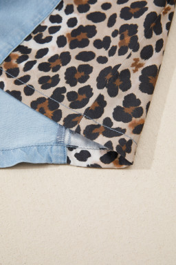 Myosotis Denim Color Block Leopard Patchwork Shirt Collar T Shirt Mini Dress