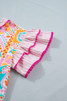 Rose Boho Mixed Print Contrast Trim Striped Patchwork Tiered Short Sleeve Blouse