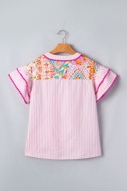 Rose Boho Mixed Print Contrast Trim Striped Patchwork Tiered Short Sleeve Blouse